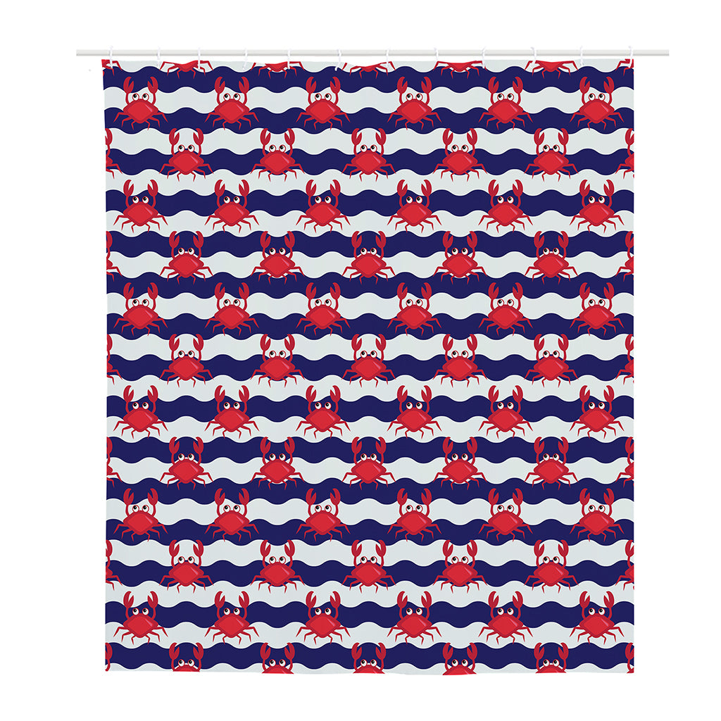 Blue And White Wave Crab Pattern Print Polyester Shower Curtain