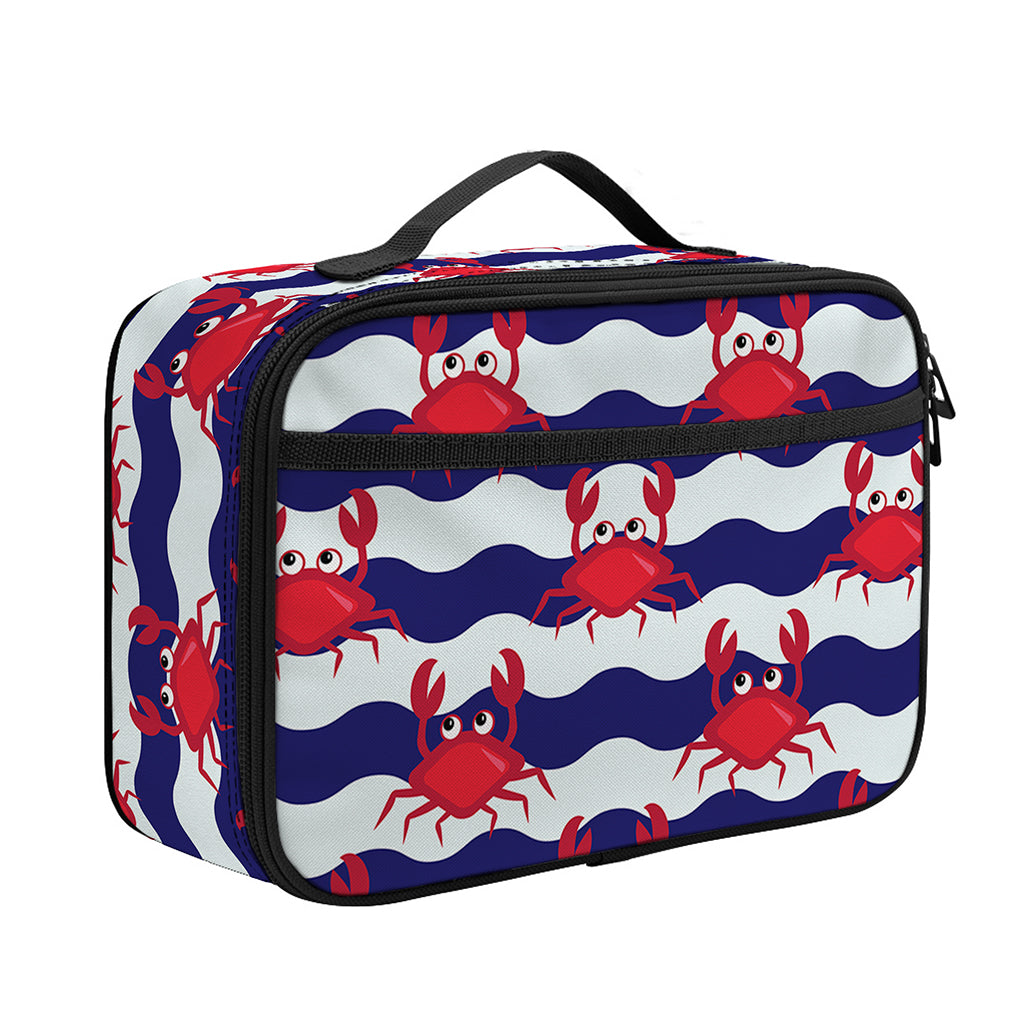 Blue And White Wave Crab Pattern Print Portable Lunch Bag