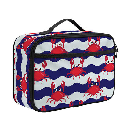 Blue And White Wave Crab Pattern Print Portable Lunch Bag