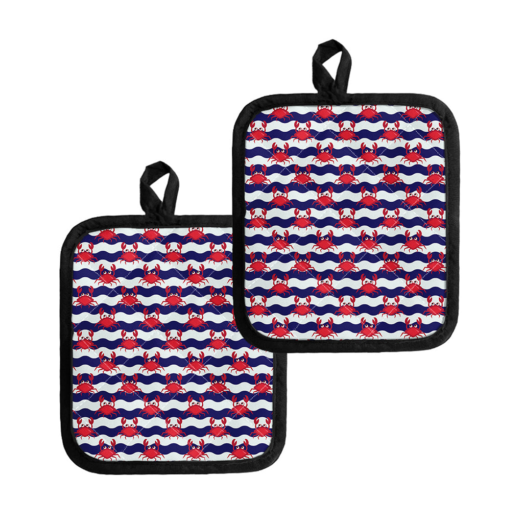Blue And White Wave Crab Pattern Print Pot Holders
