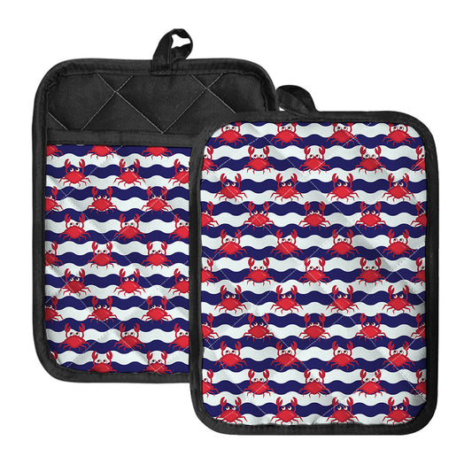 Blue And White Wave Crab Pattern Print Pot Holders With Pocket