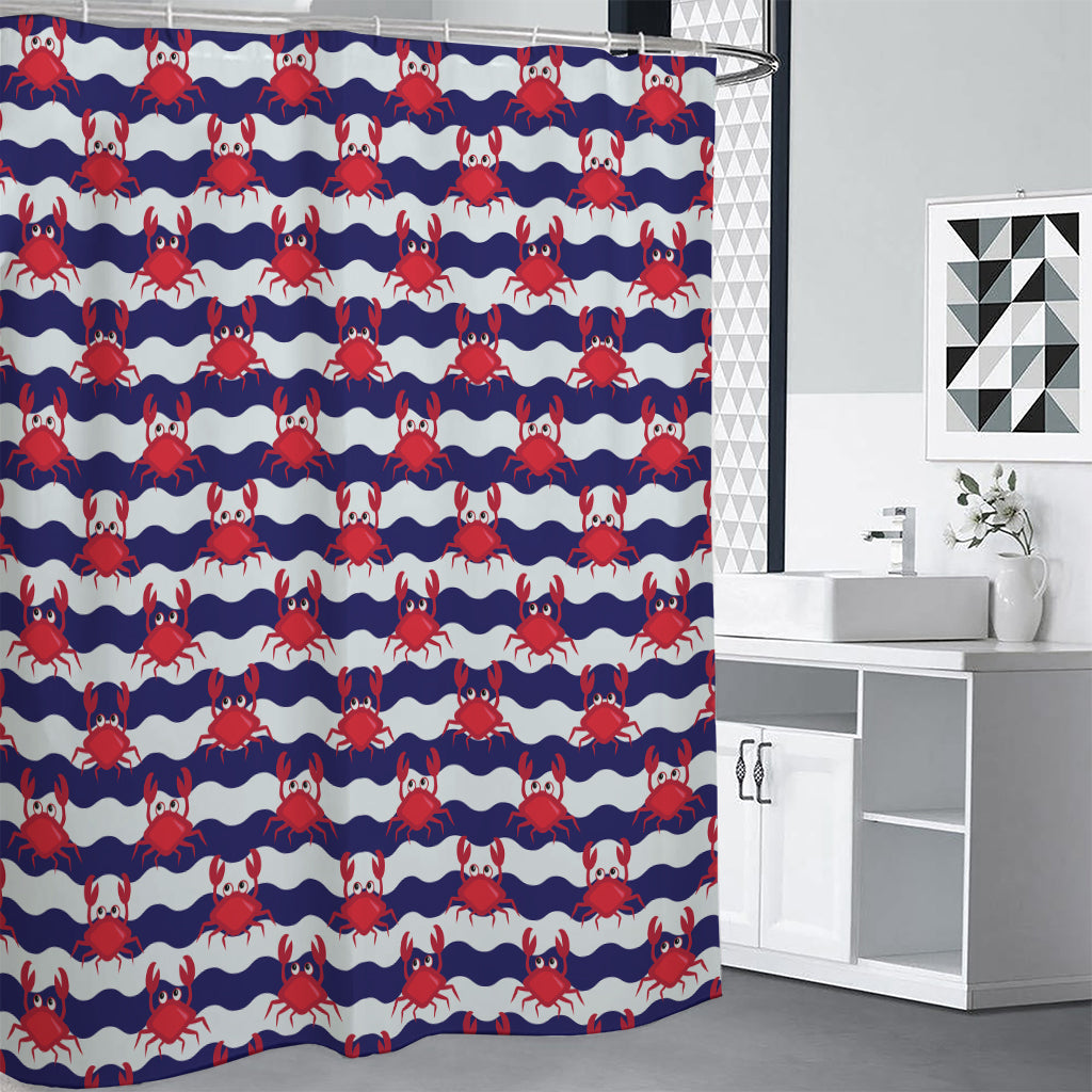 Blue And White Wave Crab Pattern Print Premium Shower Curtain