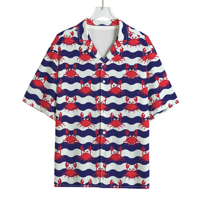 Blue And White Wave Crab Pattern Print Rayon Hawaiian Shirt