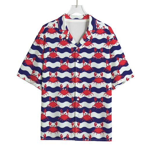 Blue And White Wave Crab Pattern Print Rayon Hawaiian Shirt