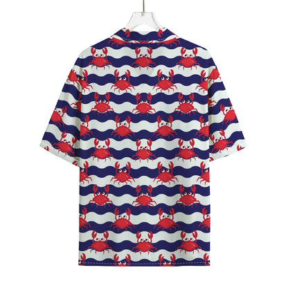 Blue And White Wave Crab Pattern Print Rayon Hawaiian Shirt