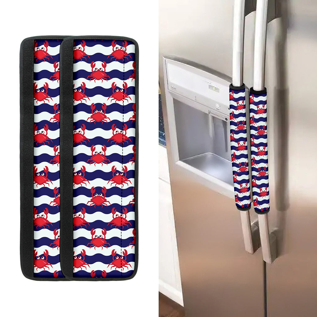 Blue And White Wave Crab Pattern Print Refrigerator Handle Covers