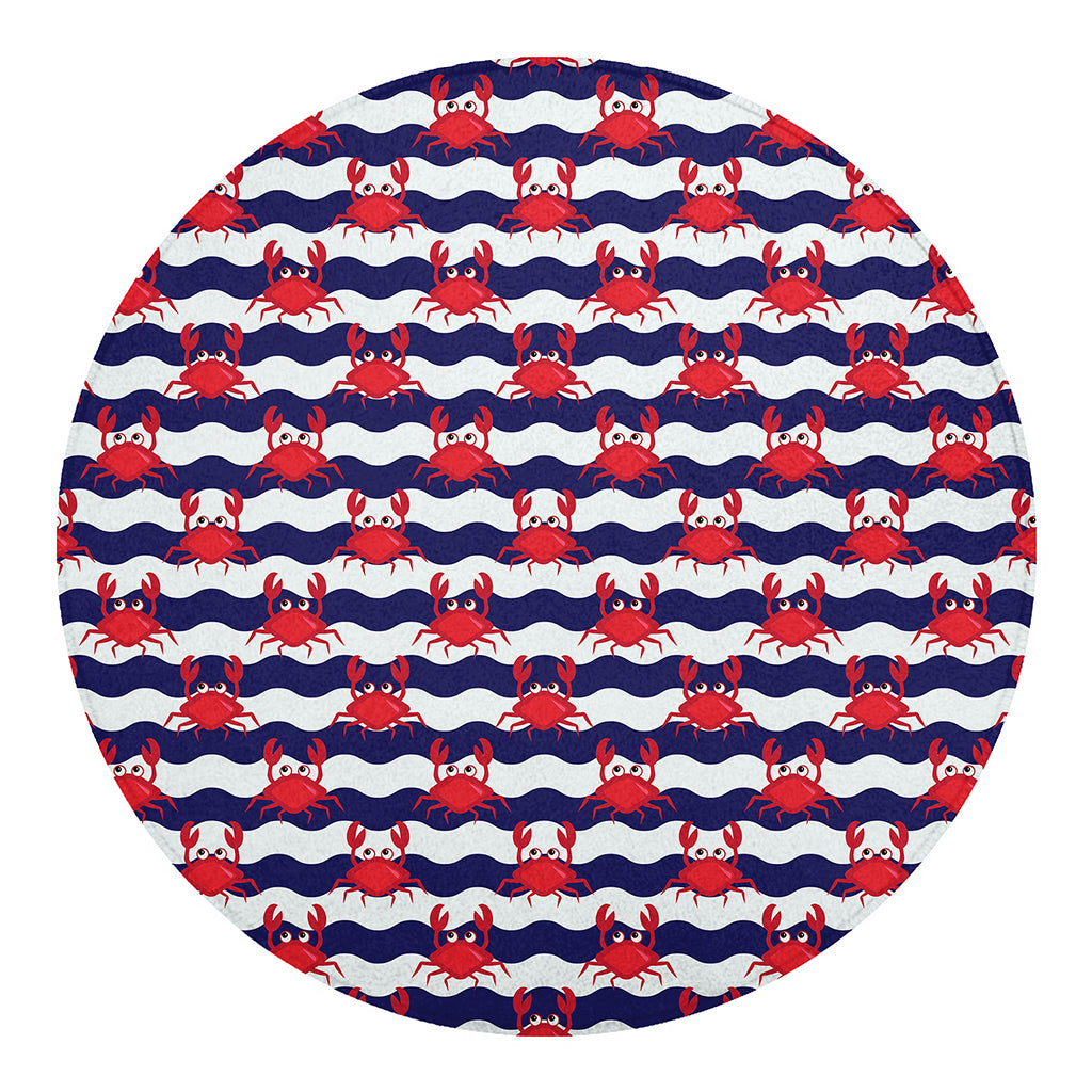 Blue And White Wave Crab Pattern Print Round Blanket
