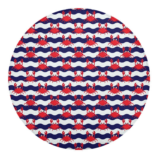 Blue And White Wave Crab Pattern Print Round Blanket