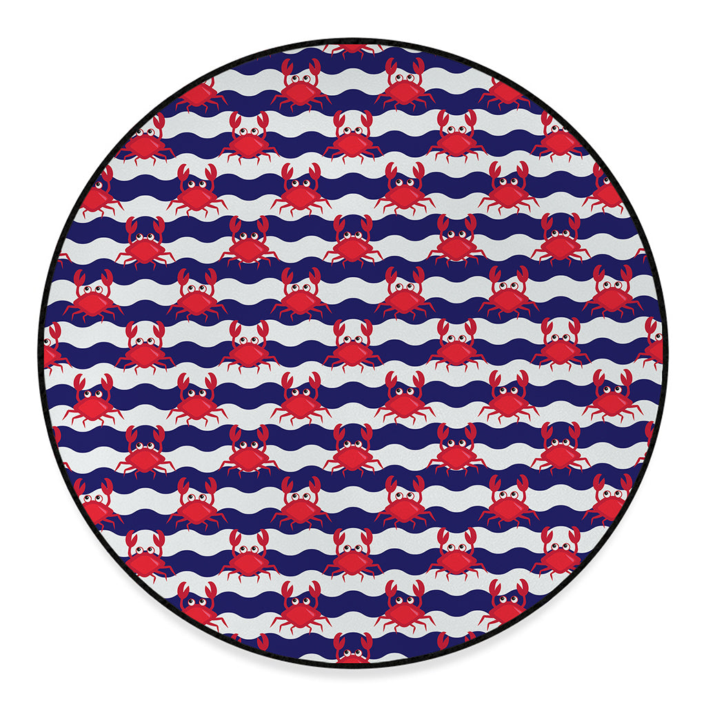 Blue And White Wave Crab Pattern Print Round Floor Mat