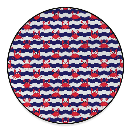 Blue And White Wave Crab Pattern Print Round Floor Mat
