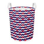 Blue And White Wave Crab Pattern Print Round Laundry Basket