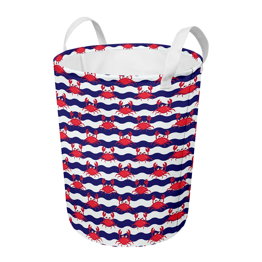 Blue And White Wave Crab Pattern Print Round Laundry Basket