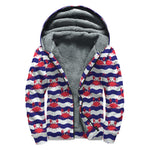 Blue And White Wave Crab Pattern Print Sherpa Lined Zip Up Hoodie