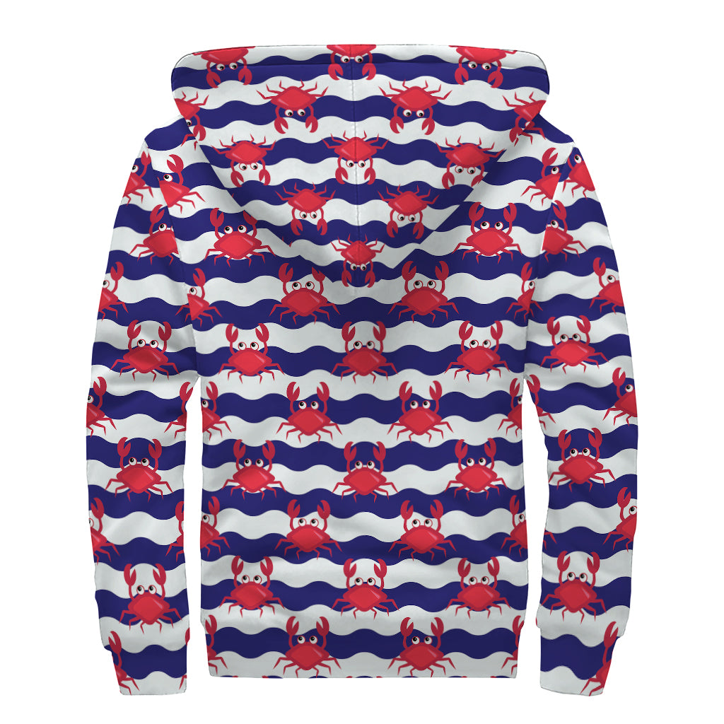 Blue And White Wave Crab Pattern Print Sherpa Lined Zip Up Hoodie