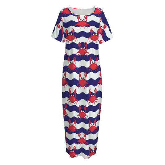 Blue And White Wave Crab Pattern Print Short Sleeve Long Nightdress