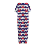 Blue And White Wave Crab Pattern Print Short Sleeve Long Nightdress