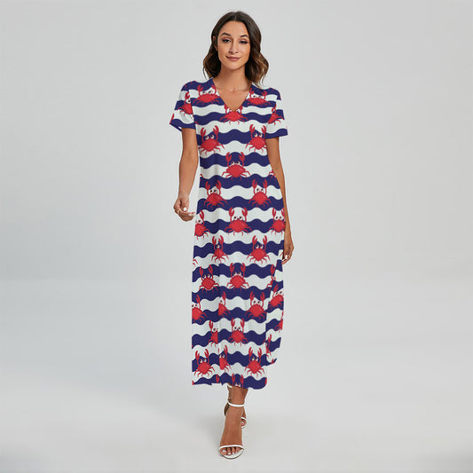Blue And White Wave Crab Pattern Print Short Sleeve Maxi Dress