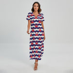 Blue And White Wave Crab Pattern Print Short Sleeve Maxi Dress