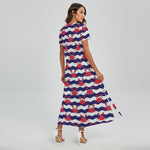 Blue And White Wave Crab Pattern Print Short Sleeve Maxi Dress