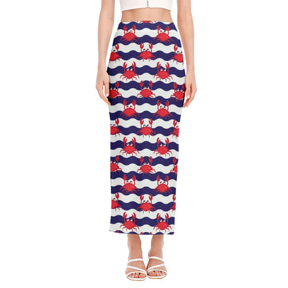 Blue And White Wave Crab Pattern Print Side Slit Maxi Skirt