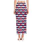 Blue And White Wave Crab Pattern Print Side Slit Maxi Skirt