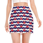 Blue And White Wave Crab Pattern Print Side Slit Mini Skirt