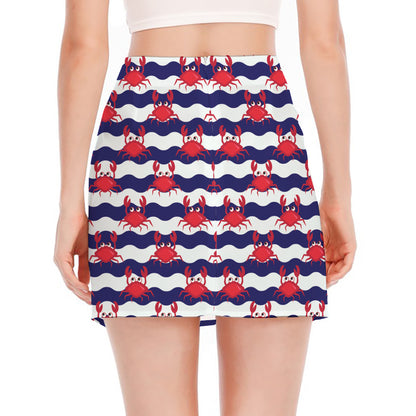 Blue And White Wave Crab Pattern Print Side Slit Mini Skirt