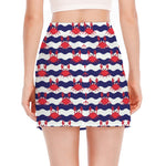 Blue And White Wave Crab Pattern Print Side Slit Mini Skirt