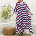 Blue And White Wave Crab Pattern Print Silk V-Neck Kaftan Dress