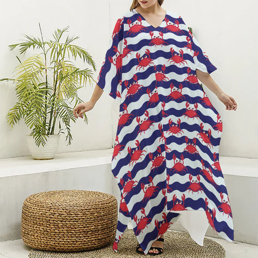Blue And White Wave Crab Pattern Print Silk V-Neck Kaftan Dress