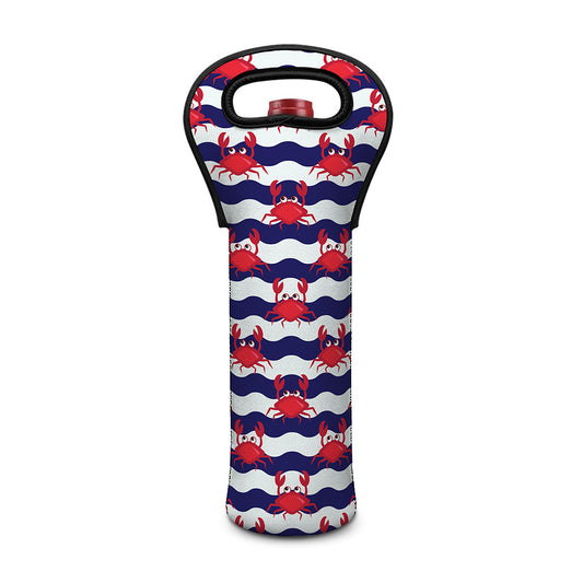 Blue And White Wave Crab Pattern Print Single Neoprene Wine Tote