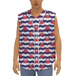 Blue And White Wave Crab Pattern Print Sleeveless Baseball Jersey