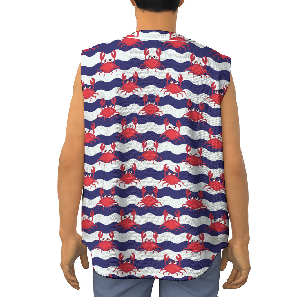 Blue And White Wave Crab Pattern Print Sleeveless Baseball Jersey