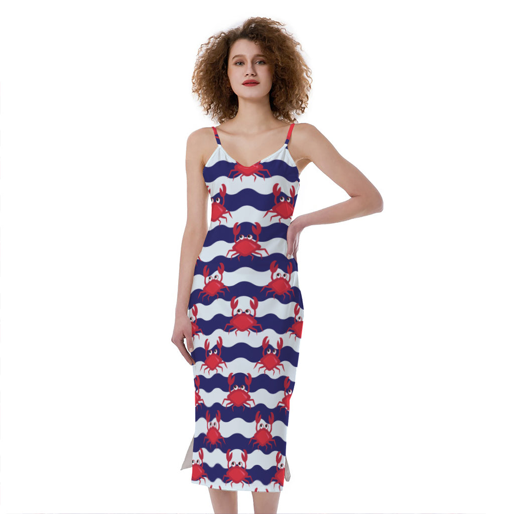 Blue And White Wave Crab Pattern Print Slim Fit Midi Cami Dress