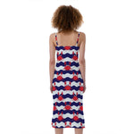 Blue And White Wave Crab Pattern Print Slim Fit Midi Cami Dress
