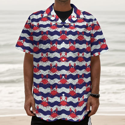 Blue And White Wave Crab Pattern Print Textured Short Sleeve Shirt