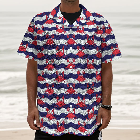 Blue And White Wave Crab Pattern Print Textured Short Sleeve Shirt
