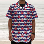 Blue And White Wave Crab Pattern Print Textured Short Sleeve Shirt