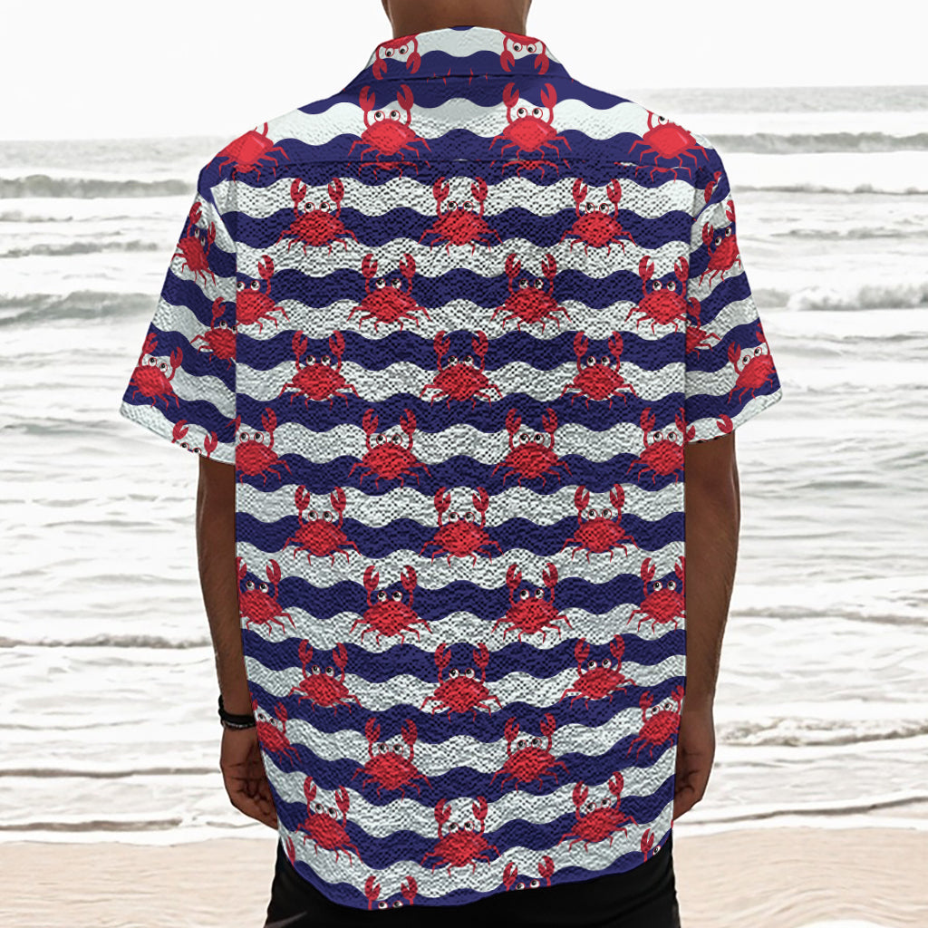 Blue And White Wave Crab Pattern Print Textured Short Sleeve Shirt