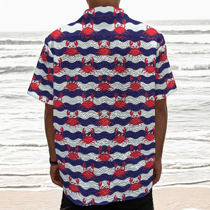 Blue And White Wave Crab Pattern Print Textured Short Sleeve Shirt