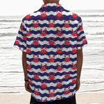 Blue And White Wave Crab Pattern Print Textured Short Sleeve Shirt