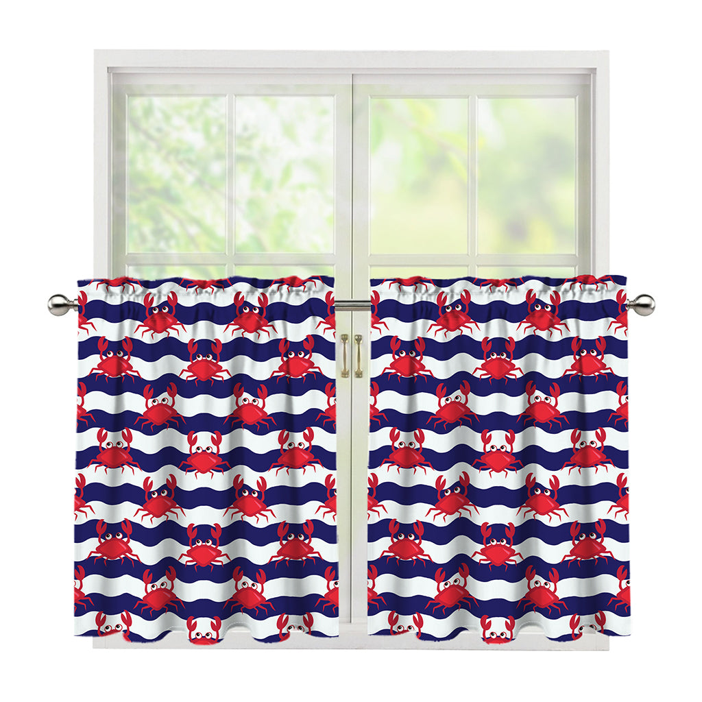 Blue And White Wave Crab Pattern Print Tier Curtains