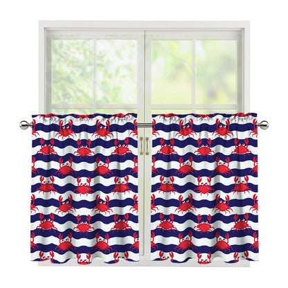 Blue And White Wave Crab Pattern Print Tier Curtains