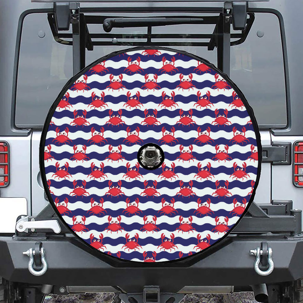 Blue And White Wave Crab Pattern Print Tire Cover With Camera Hole