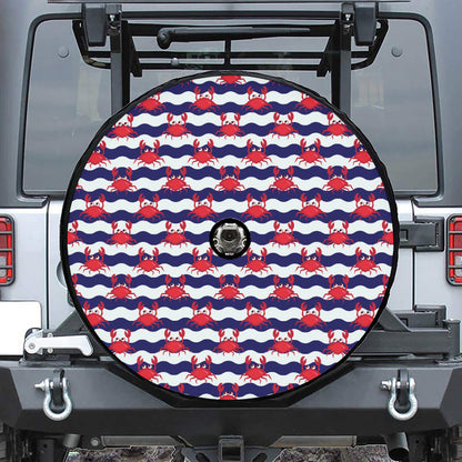 Blue And White Wave Crab Pattern Print Tire Cover With Camera Hole