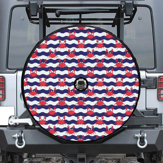 Blue And White Wave Crab Pattern Print Tire Cover With Camera Hole