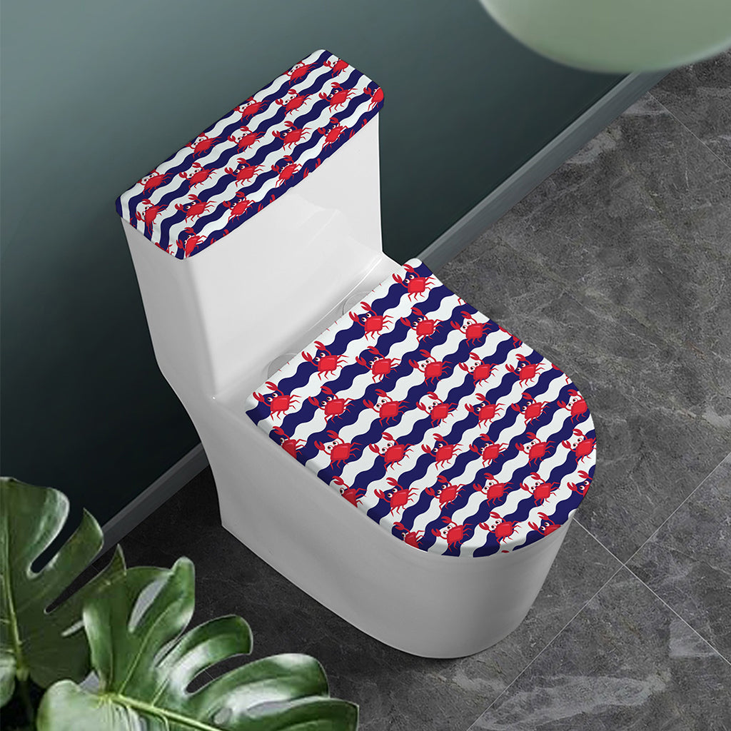 Blue And White Wave Crab Pattern Print Toilet Lid And Tank Cover Set