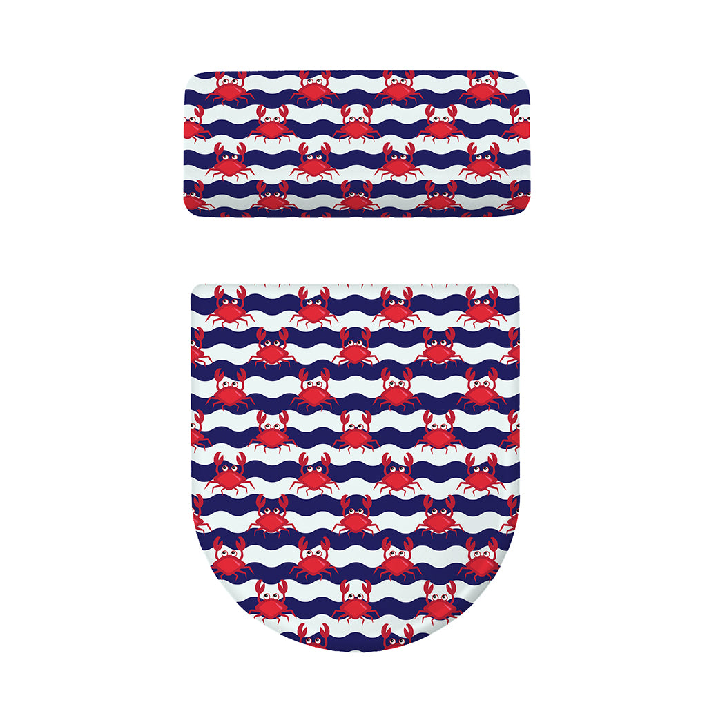 Blue And White Wave Crab Pattern Print Toilet Lid And Tank Cover Set