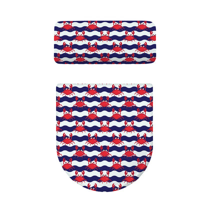 Blue And White Wave Crab Pattern Print Toilet Lid And Tank Cover Set