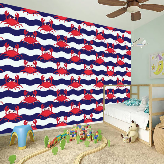 Blue And White Wave Crab Pattern Print Wall Sticker